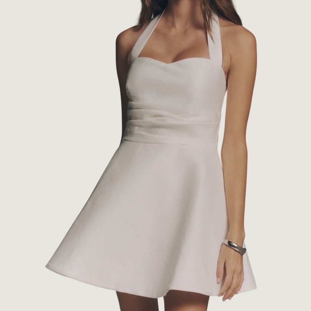 Bardot Sabine Halter Mini Dress 10 White Linen Blend Fit and Flare Quiet Luxury